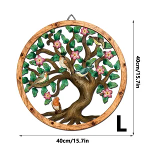 Round wooden metal wall art tree of life hanging decor with colorful birds, size 40cm/15.7in