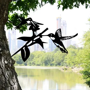 Metal hummingbird tree art silhouette, outdoor garden stake and yard metal animal decoration.