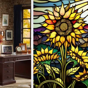 Sunflower stained glass window film, static cling PVC removable decorative sticker for home glass.