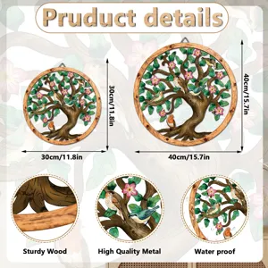 Wooden metal tree wall art hanging with birds and flowers decor, 30cm and 40cm sizes.
