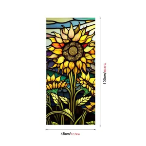 Stained glass sunflower window film detail showing vibrant colors and precise dimensions.
