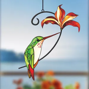 Stained glass hummingbird flower hanging ornament window wall decor metal art craft gift for home