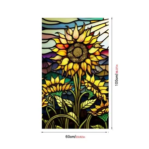 Stained glass sunflower window film detail, colorful PVC static cling sticker for home decor.