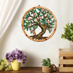 Wooden metal tree wall art hanging decor flower bird home decoration round sculpture