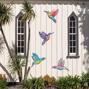 Metal hummingbird wall art details, colorful hanging garden decor set, outdoor fence ornament.
