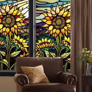 Stained glass sunflower window film static cling PVC home decor sticker for living room.