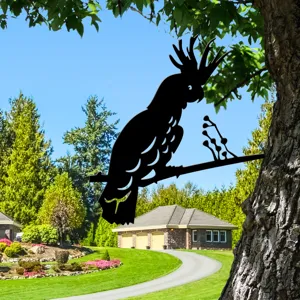 Metal garden bird silhouette tree stake, black iron art animal decor for outdoor yard fence.