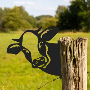 Black metal cow garden stake silhouette decorative outdoor yard art fence peeper ornament