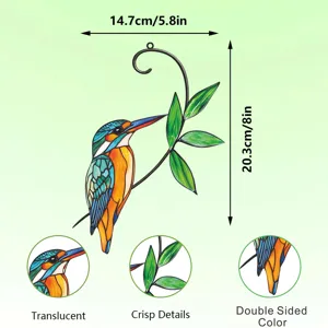 Detailed view of stained glass hummingbird hanging ornament showing translucent colors.