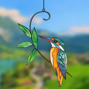Stained glass kingfisher hanging decoration metal iron art window ornament nature decor