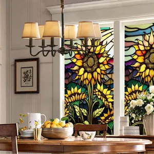 Static cling stained glass window film, beautiful sunflower pattern for home window decor.