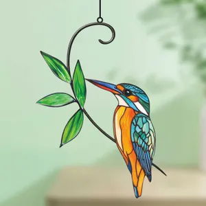 Stained glass kingfisher hanging suncatcher metal wall decor for window home ornament