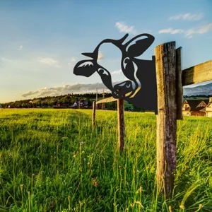 Metal cow garden stake silhouette fence art outdoor decorative yard sign landscape ornament.