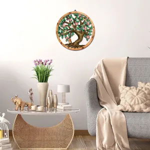 Wooden metal wall hanging decor, tree of life design with birds and flowers art piece.