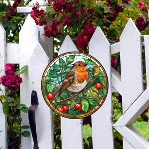 Placa colgante de jardín de metal petirrojo, decoración de exterior estilo vitral para patio.
