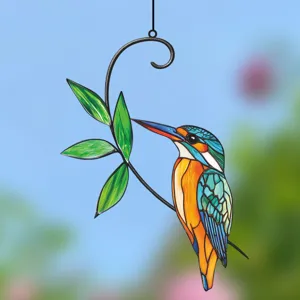 Stained glass kingfisher window hanging suncatcher home decor garden ornament bird lover gift.