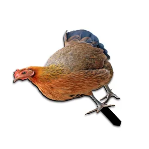 Metal chicken garden stake detail showing realistic hen feather pattern and durable stake.