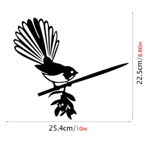 Metal garden bird silhouette stake decorative art piece showing measurements for outdoor yard use.