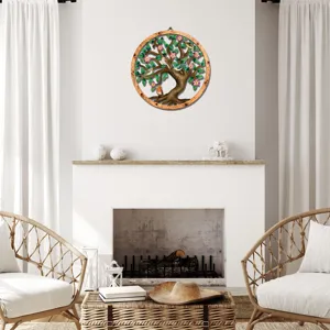 Detailed view of wooden and iron wall art featuring a tree design with flowers and birds.