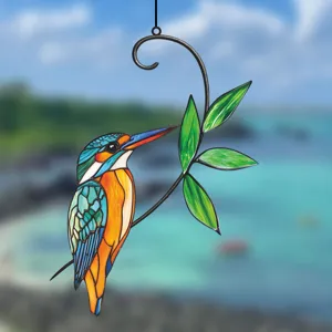 Detailed close-up view of stained glass kingfisher bird hanging window suncatcher decor