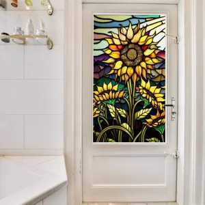 Detail shot of stained glass sunflower window film on white door, decorative PVC static cling sticker.