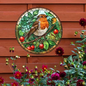 Placa colgante de jardin en metal redondo con motivo de ave estilo vitral para exteriores.
