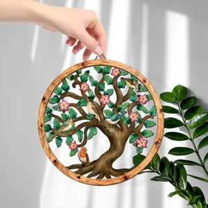 Wooden metal wall hanging art featuring tree and bird design for home decor detail view