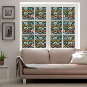 PVC kleurrijke vintage mandala statische raamfolie, lijmloze matte glassticker.