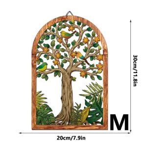 Wooden wall hanging arch decor with tree bird floral design 30x20cm for home room art