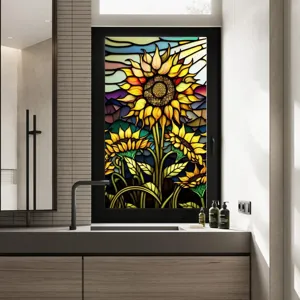 Stained glass sunflower window film detail, colorful floral privacy static cling sticker for glass.