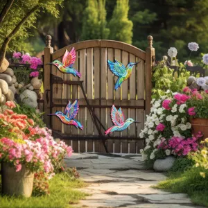 Colorful metal hummingbird wall art hanging decor for outdoor garden fence and yard display.