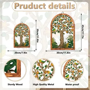 Wooden and metal wall hanging decor featuring birds and flowers, perfect for home interior details.