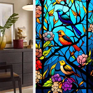 Close-up detail of colorful stained glass window film featuring birds and floral motifs.