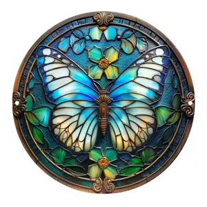 Decoración de pared colgante de metal mariposa de vitral redondo para exterior