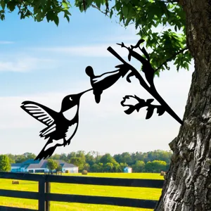Metal hummingbird tree stake garden decor, black silhouette art for outdoor yard and lawn.