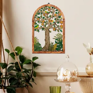 Wooden arched wall hanging decor featuring a detailed tree and bird design for home.