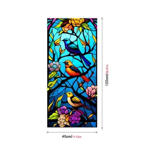 Stained glass window film detail showing colorful birds and floral pattern for glass decor.