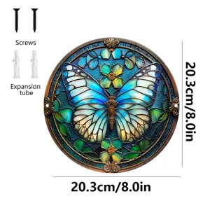 Placa colgante de pared de metal con mariposa de vidrio de colores para jardín y hogar.