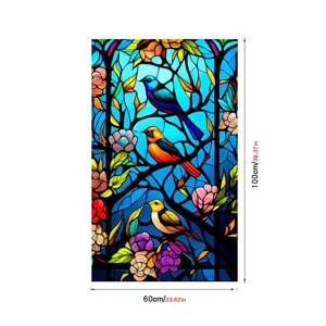 Stained glass window film with colorful birds and floral branch design, 60x100cm static cling.
