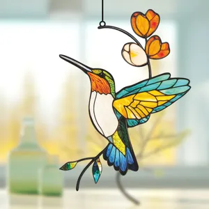 Stained glass hummingbird metal hanging ornament detail view, window and wall decor art.