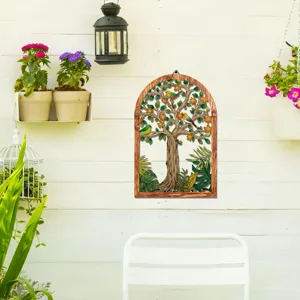 Arch wooden wall hanging decor featuring tree and birds design, perfect for home and garden.