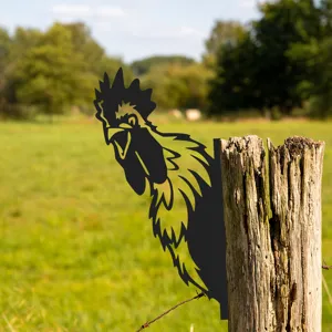 Metal rooster garden stake outdoor yard art silhouette fence decoration decor for lawn.