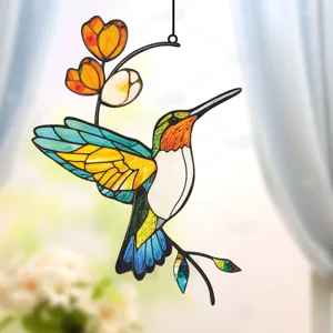 Stained glass hummingbird window hanging suncatcher with floral decor for home wall art.