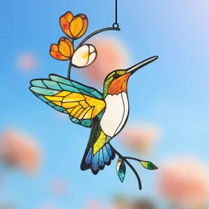 Stained glass hummingbird window hanging decor metal iron art floral suncatcher home wall ornament