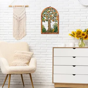 Wooden arch wall hanging decor with tree and bird carving, rustic style home art accent for room.