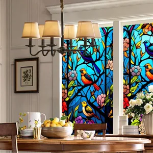 Decorative stained glass window film with colorful birds pattern, static cling privacy PVC home decor.