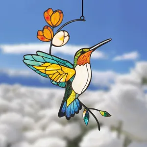 Metal iron hummingbird wall hanging window decoration stained glass style craft detail