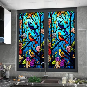Decorative stained glass window film with colorful birds and flowers pattern for home.