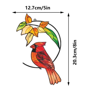 Stained glass style red cardinal bird and autumn leaves metal hanging wall art decor.