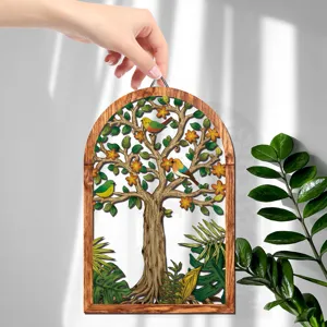 Wooden arched wall hanging decor, tree and bird floral design for home interior wall art.